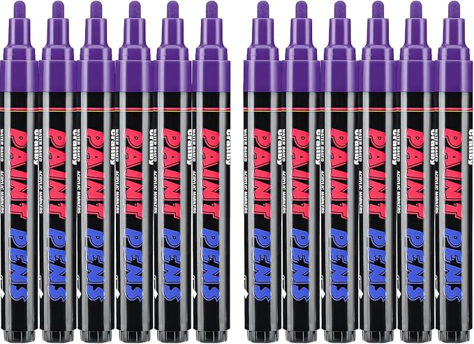 Craiiby Purple Paint Pens Paint Markers - 12 Pack Permanent Quick Dry Waterproof Marker Pens for Rocks Wood Fabric Plastic Canvas Glass Mugs Metal Tire Stone