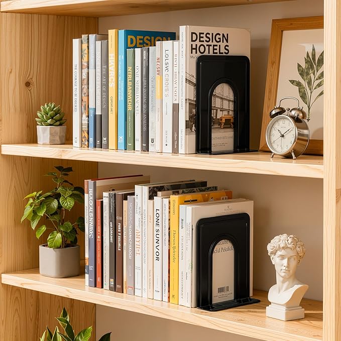 HappyHapi Book Ends, Metal Bookends for Shelves, Non-Skid Book End to Hold Books, Black Book Stopper/Holder for Office Home Kitchen, 5.7X 4.9 X 6.5 in, 3 Pair(6 Pcs, Large)