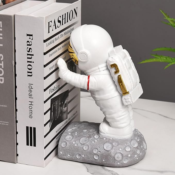 Kakizzy Decorative Space Theme Bookends - Astronaut Resin Bookends with Anti-Slip Base - Sturdy, Fun & Unique Book Holders for Heavy Books (Gold)
