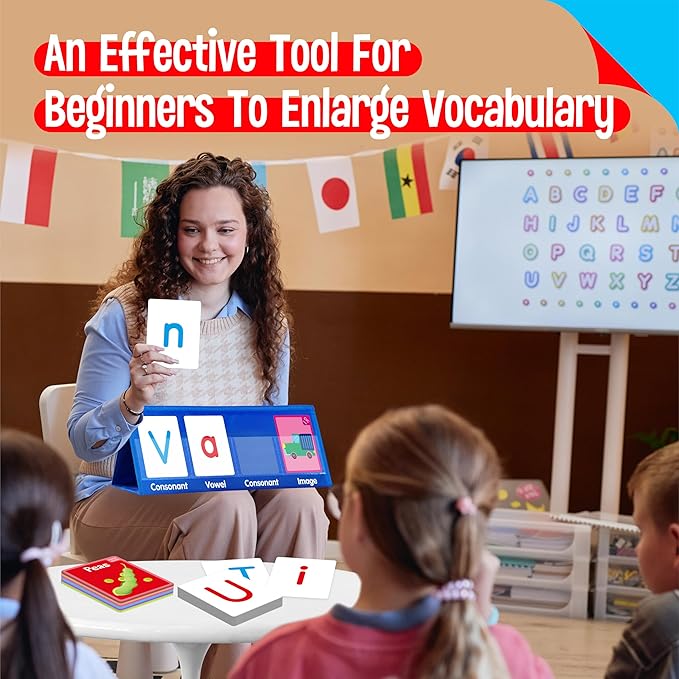 Word Building Desktop Pocket Chart, 48 CVC Words & 50 First Words, Double-Sided Tent Word Builder, Vocabulary Learning Flashcards Set for Kindergarten Reading and Spelling