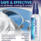 Clear View Lens Cleaner Kit – 4 Bottles + 4 Microfiber Cloths | Streak-Free Eyeglass & Screen Cleaning Spray | Safe for AR & Blue-Light Lenses | 8 oz + Travel Sizes