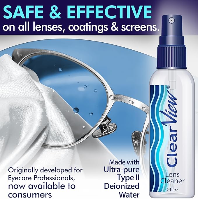 Clear View Lens Cleaner Kit – 4 Bottles + 4 Microfiber Cloths | Streak-Free Eyeglass & Screen Cleaning Spray | Safe for AR & Blue-Light Lenses | 8 oz + Travel Sizes