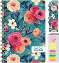 HARDCOVER 2026 Planner, 5.5"x8": 14 Months (November 2025 - December 2026), Daily Weekly Monthly Planner, Yearly Agenda, Bookmark, Pocket Folder and Sticky Note Set (Teal Floral)