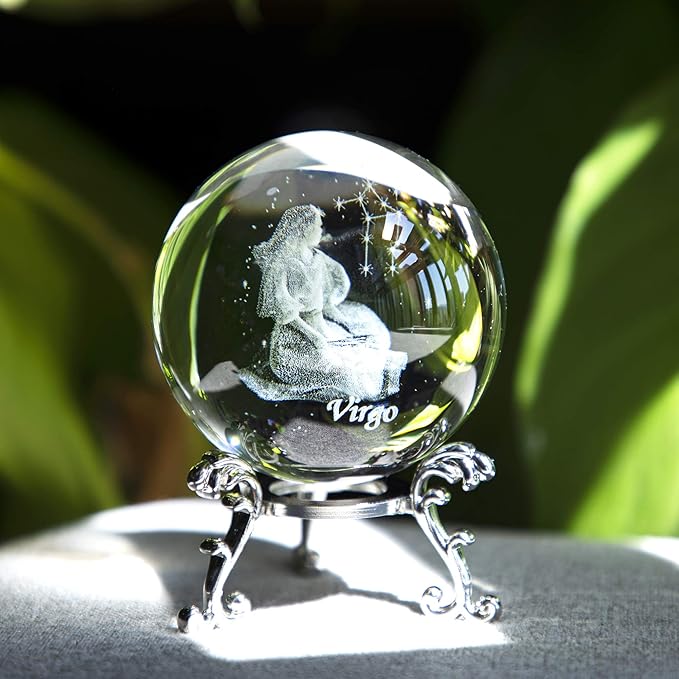 3D Inner Carving Constellation Ball Crystal Paperweight Full Sphere Glass Fengshui with Sliver-Plated Flowering Stand(Virgo)
