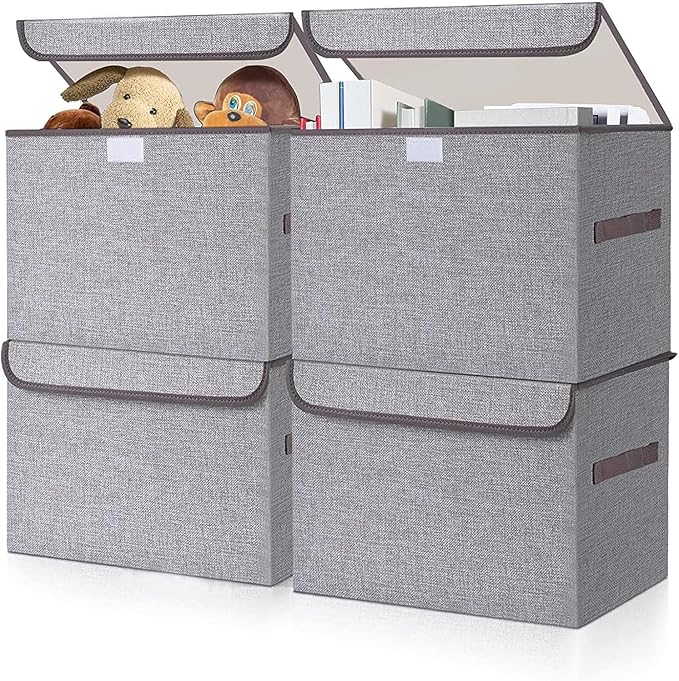 Bagnizer Large 22 Quart Linen Fabric Foldable Storage Bin Cube Organizer Basket with Flip-Top Lid & Handles, Clothes Blanket Box for Home, Office, Closet, Gray, 4 Pack 14.6 x 9.5 x 9.5”