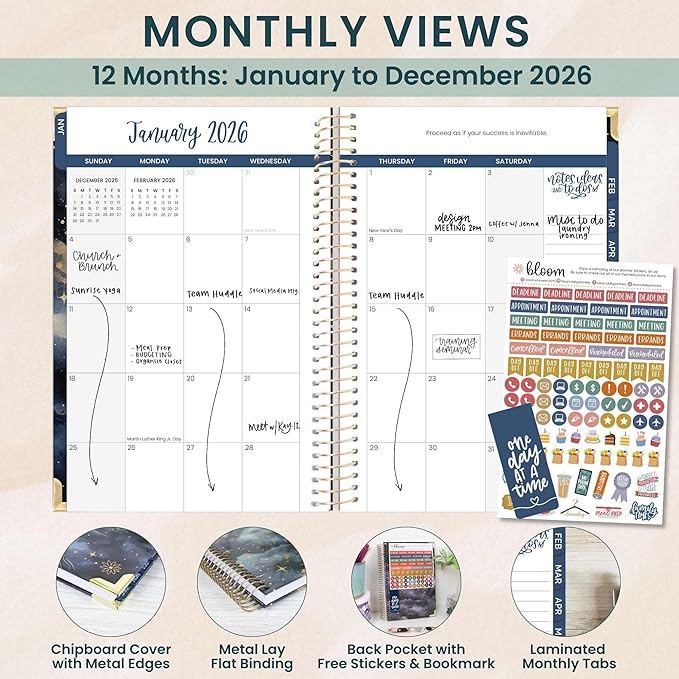 bloom daily planners HARDCOVER 2026 Planner (January to December) - A5 Task Goal Organizer - Monthly & Weekly Inspirational Agenda Book - 5.5" x 8.25" - Midnight Sky