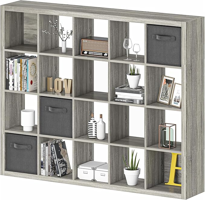 furtble Bookshelf with Storage Bins, 20-Cube Storage Organizer with Back Panels, Modern Bookshelf for Bedroom, Multifunctional Display Cube Bookshelves for Living Room, Bedroom, Home Office