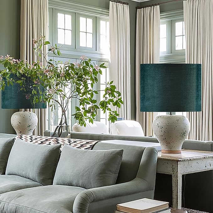 Green Velvet Lampshades Set of 2 Large Drum Lamp Shade 16" Top x 16" Bottom x 12" High (Spider) Modern Lamp Shade - Ideal for Table & Floor Lamps - Lampshades Replacement - By GO&SO