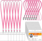 Marspark 50 Sets Clear Name Tags with Lanyard, Lanyards for ID Badges Reusable Strap with ID Holder Plastic Name Badges for Adults Business School Church Conference (Pink)