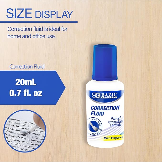BAZIC Products Correction Fluid (0.7 oz / 20 ml), Soft Bristle Brush Applicator, Instant Corrections Pen White Out Wipe Out Liquid (2/Pack), 1-Pack