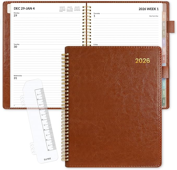 SUNEE 2026 Planner, Weekly and Monthly Calendar Planner 9"x11.2"- 12 Month (January 2026 - December 2026), Vegan Leather Cover, Pocket, Bookmark, Notes, Monthly Tab, Brown