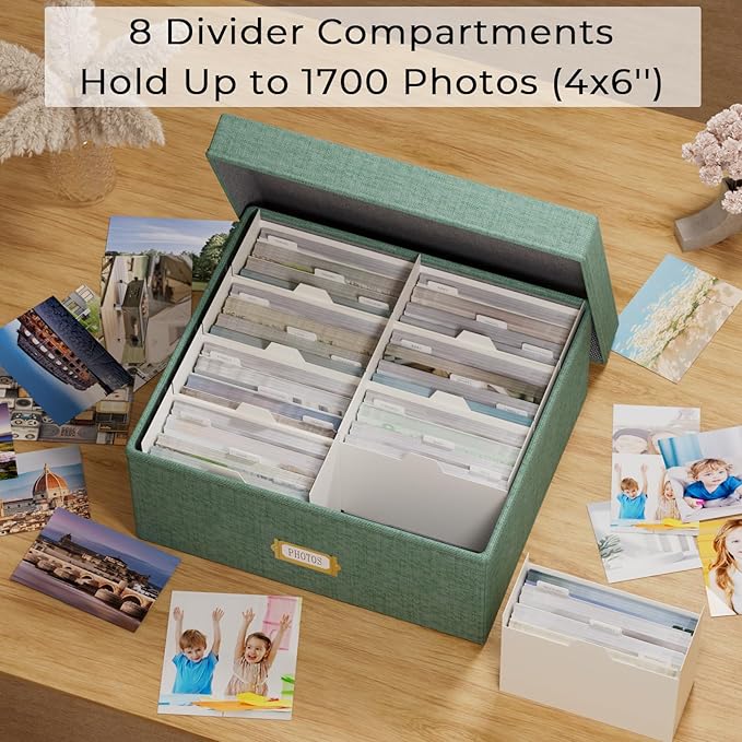 Decorative Photo Storage Box - Linen Photo Box Organizer with Dividers, Fits Holds Up to 1700 Pictures and 4x6 Photos, Memory Keepsake Organizer for Photos, Scrapbook Supplies, Cards, Stamps (Green)