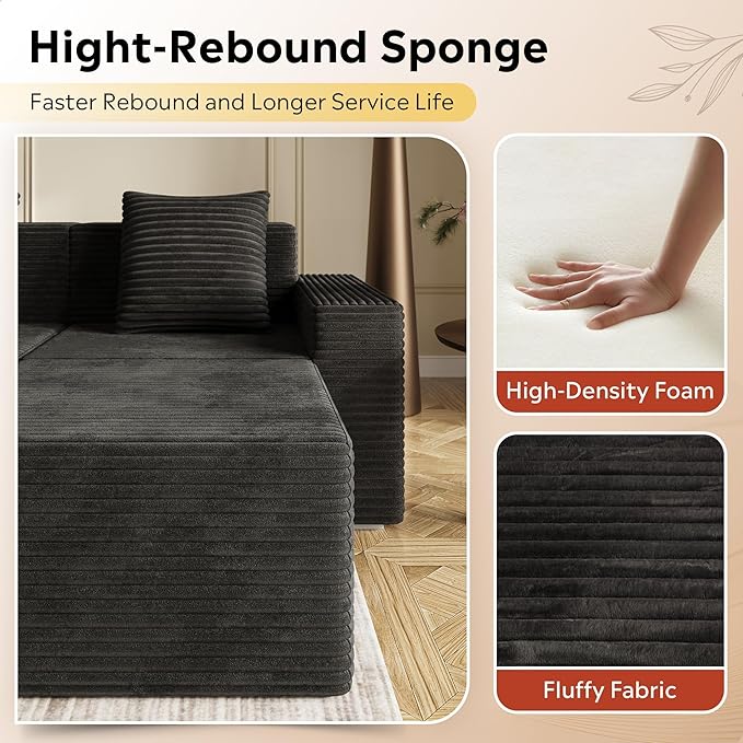 WLIVE 110'' Boneless Couch for Living Room, Modular Sectional Sofa, Cloud Memory Foam Couch L Shape with Chaise, Black