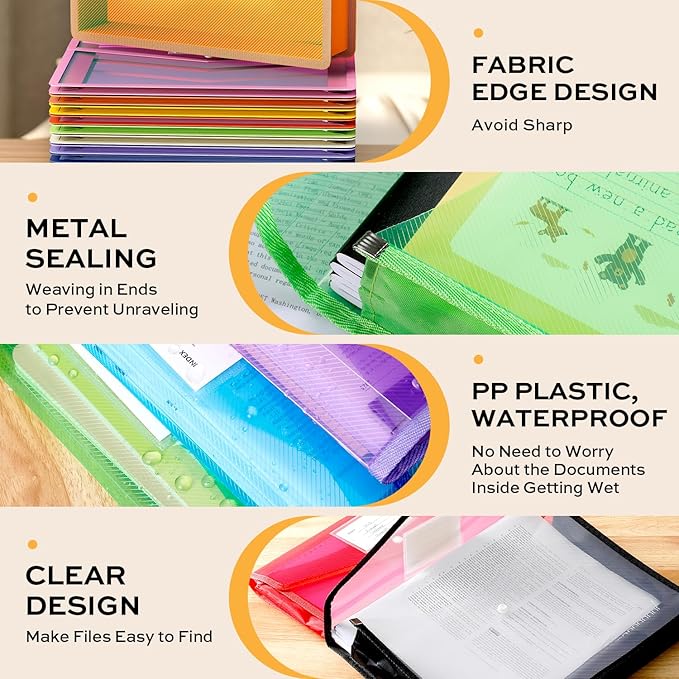Deli 10 Pack Plastic Expanding File Folder, Folders for Documents with Snap Closure, Colorful File Folder Organizer, Transparent Accordion File Organizer, Large Capacity, Fit Letter/A4 Size, 9 Colors
