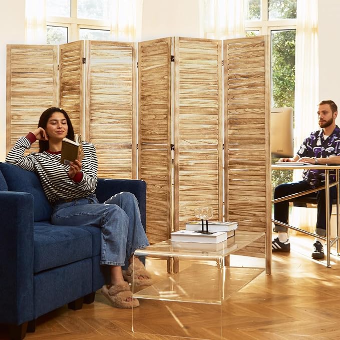 Room Dividers and Folding Privacy Screens, Wood Louvered Separators Divider Wall for Home Office Bedroom - 6 Panels, 67 * 90inch (Wood)