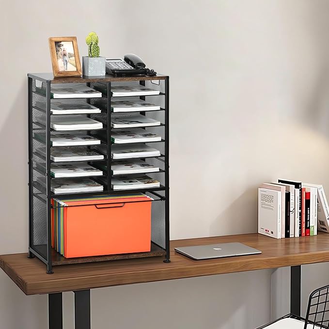 EasyPAG Rolling File Cart with 14 Slot Mail Organizer, Under Desk Storage with Hanging File Rack for Letter/Legal Folders, Mobile Filing Cabinet Printer Stand for Office Home Classroom, Black