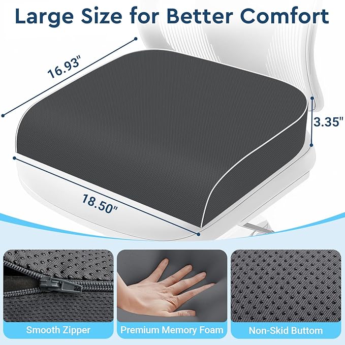 SofterCharm Seat Cushion, Memory Foam Office Chair Cushions for Long Sitting Hours, Chair Pad for Sciatica, Coccyx, Tailbone, Hip Pain & Pressure Relief, Office, Home, Car Seats,Airplane, Gray/X-Large