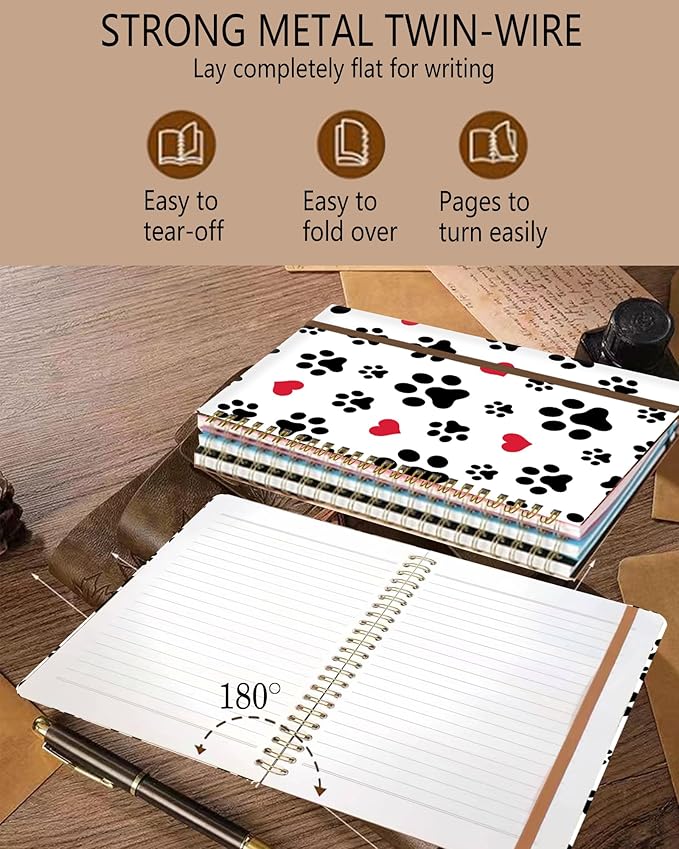 DHGPTS Spiral Journal Notebook, A5 Cute Notebooks for Women Men, College Ruled Hardcover Notebook for Work & Note Taking, 60 Pages Double-Wire Journals for Writing, White Cute Dog Paws