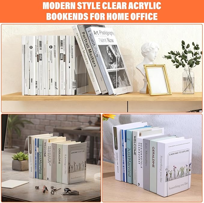 16 Pcs Clear Acrylic Bookends for Shelves, Heavy Duty L-Shaped Book Ends for Books, Invisible Book Organizer & Holder for Office, Home, Library