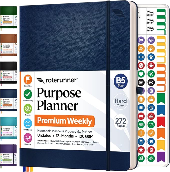 Roterunner Purpose Planner Notebook B5 7.5”x9.8” 12 Month Undated 2026 Daily Weekly and Monthly Productivity Goal Setting Tool for Work Home ADHD Planner for Adults Self Care Journa (Navy)