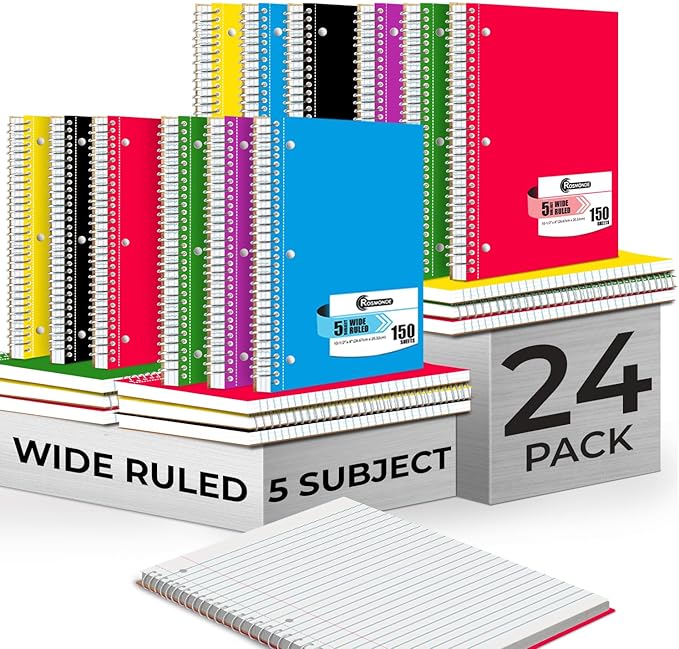Rosmonde 24 Pack Spiral Notebook, 5 Subject, 300 Pages/Book (150 Sheets), Wide Ruled, 8 x 10-1/2, Office Spiral Notebooks, Bulk Subject Notebooks for School & Office, Soft Cover, Assorted Colors