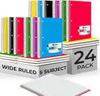 Rosmonde 24 Pack Spiral Notebook, 5 Subject, 300 Pages/Book (150 Sheets), Wide Ruled, 8 x 10-1/2, Office Spiral Notebooks, Bulk Subject Notebooks for School & Office, Soft Cover, Assorted Colors