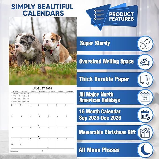 2026 English Bulldogs Monthly Wall Calendar | Cute Dogs Calendar September 2025 - December 2026
