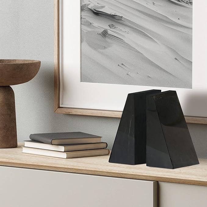 Ottimo Premium Polished Stone Marble 6" Book Ends for Bookshelf Decor, Home, Office or Kitchen Shelves. Heavy, Triangular, and Decorative Book Stopper with Anti-Slip Pads, Great Gift Idea (Black)