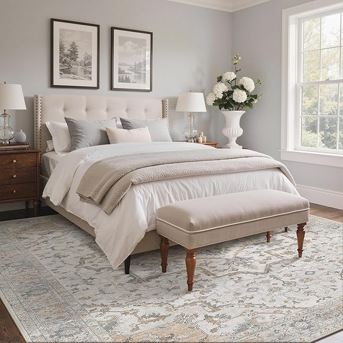 GENIMO 8x10 Area Rugs for Living Room, Machine Washable Non Slip Vintage Rugs, Low Pile Lightweight Chenille Print Rug for Bedroom, Dining Room, Home Office