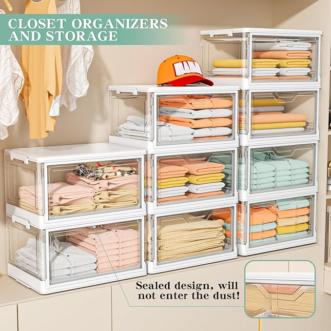 Kmiectse Clear Storage Bins with Lids - 4 Tier Plastic Bins with Wheels, Stackable Storage Bin, Closet Organizers Box for Bedroom, Living Room, 23 QT Folding Box with Magnetic door