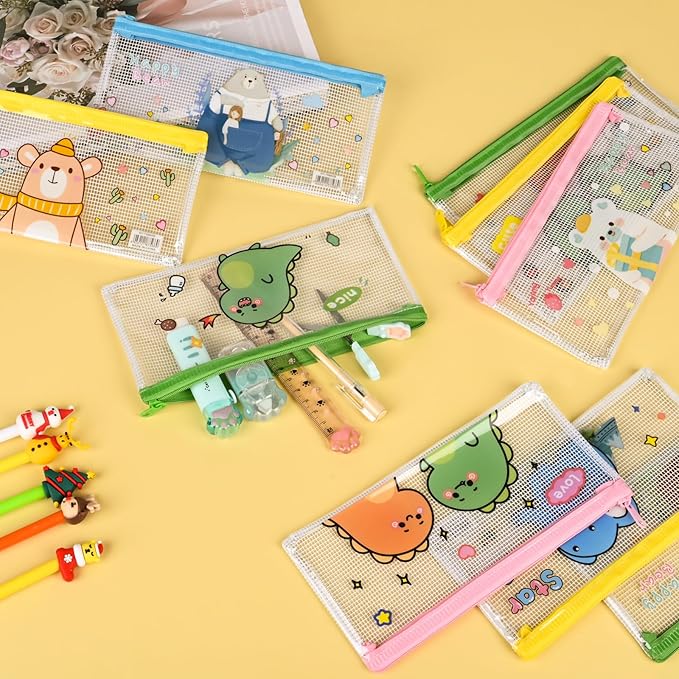 Ulema 24 Pcs Back to School Gifts Cartoon Mesh Pencil Pouch Bags Plastic Zipper Pouch 8×4 Inch for Classroom Organization School Office Supplies (24)