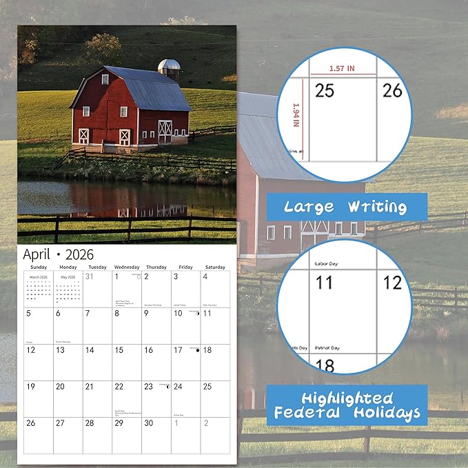 2026 Wall Calendar,Calendar 2026, November 2025 - December 2026, Wall Calendar Barns, 12" x 24" Opened,Full Page Months Thick & Sturdy Paper for Calendar Organizing & Planning