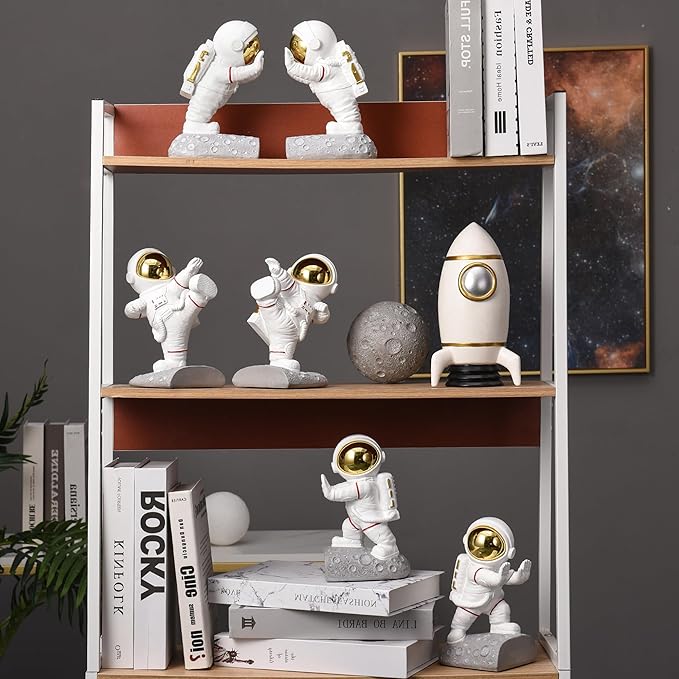 Kakizzy Decorative Space Theme Bookends - Astronaut Resin Bookends with Anti-Slip Base - Sturdy, Fun & Unique Book Holders for Heavy Books (Gold)