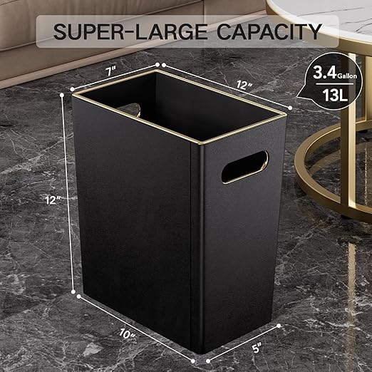 LADSTAG Black 3 Gallon Waste Basket 4 Gallon Trash Can, Office Wastebasket with Gold-Tone Edging Decoration for Bathroom,Pu Leather Waste Bins for Toilet Bedroom Living Room, Office Home Modern Decor