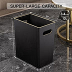 LADSTAG Black 3 Gallon Waste Basket 4 Gallon Trash Can, Office Wastebasket with Gold-Tone Edging Decoration for Bathroom,Pu Leather Waste Bins for Toilet Bedroom Living Room, Office Home Modern Decor