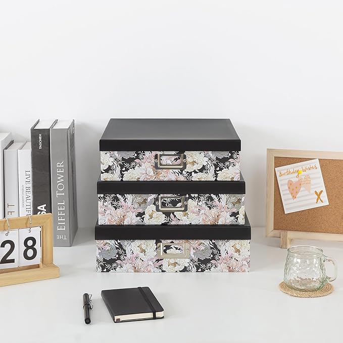 Soul & Lane Decorative Storage Boxes with Lids for Organizing, Set of 3 Floral Jumbo Scrapbook Letter Storage Boxes for Documents, Photos, Keepsakes, Memories, Garden Noir