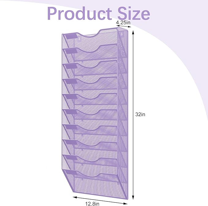 EasyPAG 10 Pocket Mesh Wall File Organizer, Hanging Paper Folder Holder with Classify Label, Vertical Wall Mount Mail Organizer for Office Home Classroom, Purple