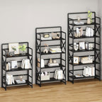 THKKY No Assembly Folding Bookshelf, 5 Tiers Vintage Wood Collapsible Book Shelf for Storage,Industrial Metal Foldable Bookcase Organizer for Living Room Bedroom Home Office (Black)