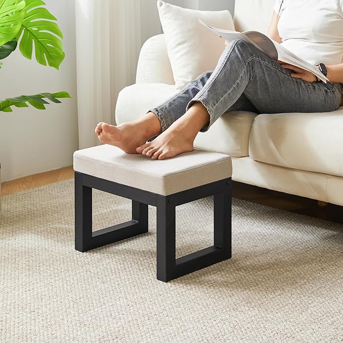 IBUYKE 16 Inch Small Foot Stool Ottoman, Rectangle Linen Foot Rest with Padded Seat and Metal Legs, Modern Ottoman Foot Rest for Living Room Bedroom Entryway Couch, Grey WBD001G