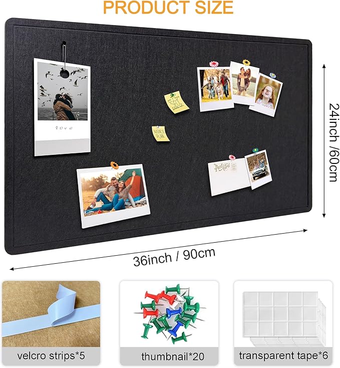 Yunihome Large Bulletin Board - Foldable 36x24 Inches Cork Board Alternative with 20 Push Pins, 3' x 2' Self-Adhesive Felt Bulletin Board for Wall, Home Office Classroom Decor