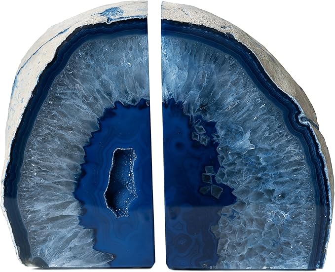 Nature's Decorations Blue Agate Bookends – A+ Grade Geode Heavy Duty Decorative Stone Crystal for Shelves & Bookcases, Natural Polished Bookshelf Decor, 1 Pair 4-6Lbs
