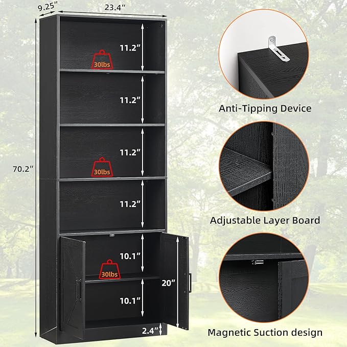 RWYHG 70in Tall Bookshelf 6 Tier Bookcase with Barn Doors and Adjustable Shelf, Black Farmhouse Book Shelves with Storage Cabinet,Wood Floor Standing Display Bookshelve for Bedroom,Living Room,Kitchen