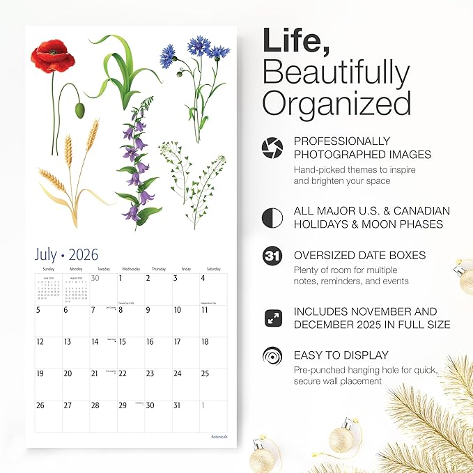 RED EMBER Botanicals 2026 Wall Calendar 12 Month | 12" x 24" Open | Thick & Sturdy Paper | Holiday Gift | Art Nature Calendar 2026