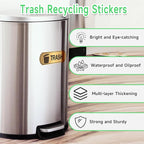 3PCS Recycle Stickers for Trash Bins, Self-Adhesive Waterproof Brushed Gold Trash Compost and Recycling Stickers for Trash Can, Kitchen, Office, Garbage Bin Indoor, Outdoor Use