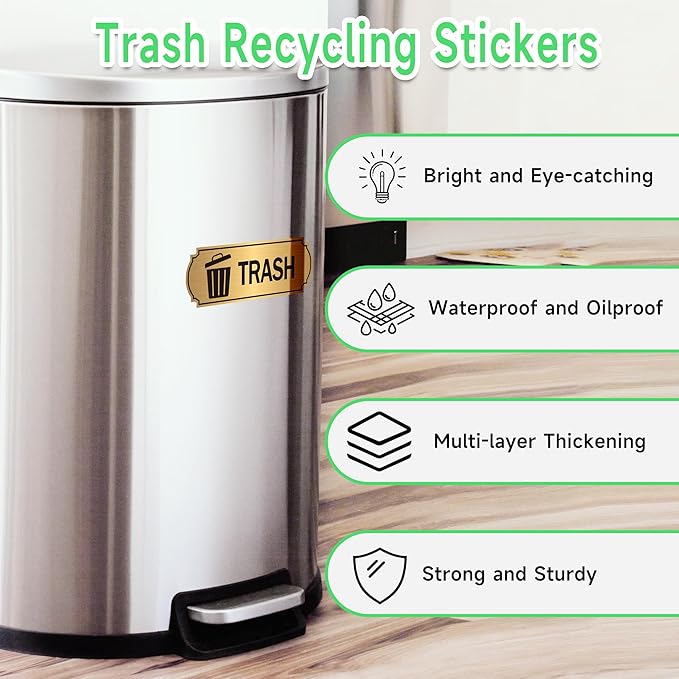 3PCS Recycle Stickers for Trash Bins, Self-Adhesive Waterproof Brushed Gold Trash Compost and Recycling Stickers for Trash Can, Kitchen, Office, Garbage Bin Indoor, Outdoor Use