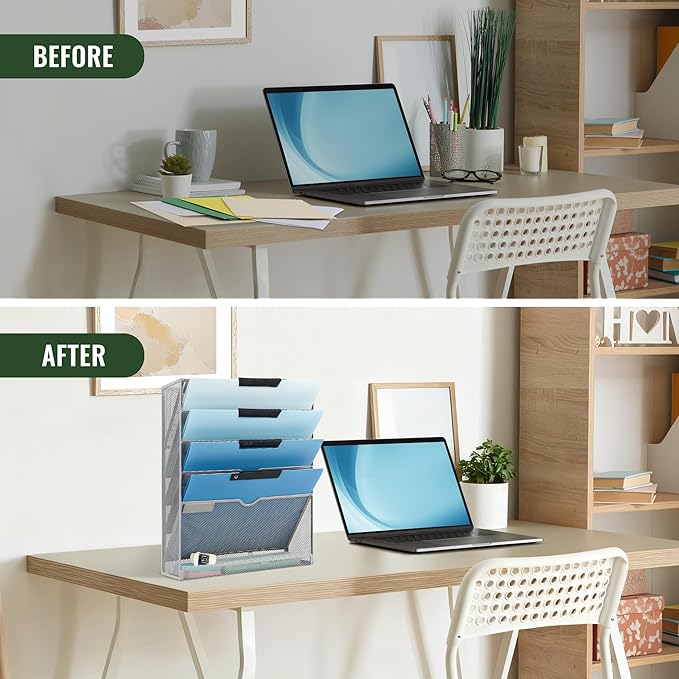 EASEPRES 6 Tier Mesh Hanging Wall File Organizer, Desk Vertical Mail Paper Document Folder Holder Rack with Bottom Tray and Nametag Label for Office Home School, Gray