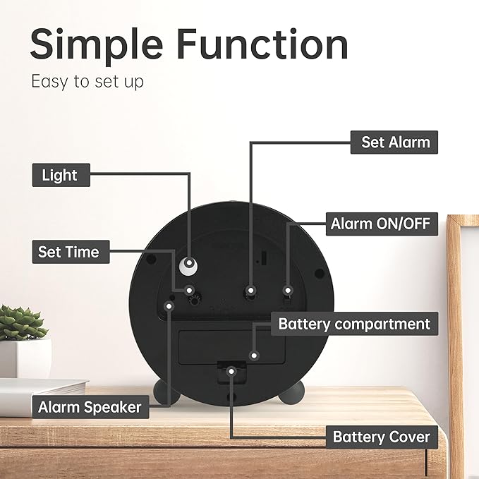 Analog Alarm Clock, 4 inch Super Silent Non Ticking Small Clock with Night Light, Battery Operated, Simple Design, Old Fashioned Style Black Decor, for Bedroom, Bedside, Desk, Adult, Kid, Gift, Black