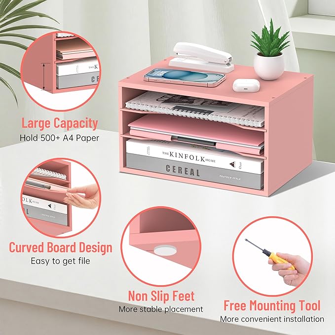 SHARKWOODS Wood Desk Organizer, 3 Tier Paper Tray Organizer for Desk with Adjustable Storage Shelves, Desktop File Organization Paper Sorter Mail Holder for Office Home Classroom, Pink