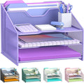 Samstar Purple Desk File Organizer, Mesh Letter File Folder Holder with 3 Paper Trays and 2 Vertical Upright Section, for Office Supplies, Desk Accessories & Workspace, Purple