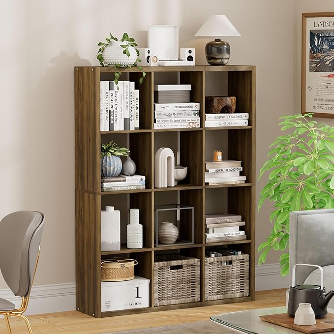 Jpiziso 12-Cube Storage Organizer, Wooden Cube Shelf Bookcase with Reinforced Thick Shelves, Heavy-Duty 36.93" L x 9.37" W x 48.82" H, for Living Room Bedroom Home Office, Brown
